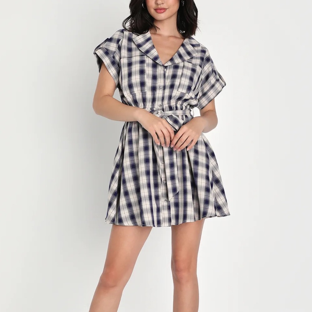 Adorable Sensation Ivory and Blue Plaid Button-Up Mini Dress